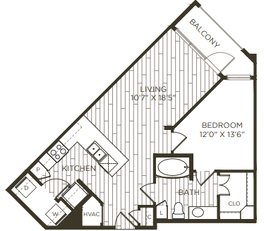 Floor plan for 1 bed, 1 bath, 734 sqft
